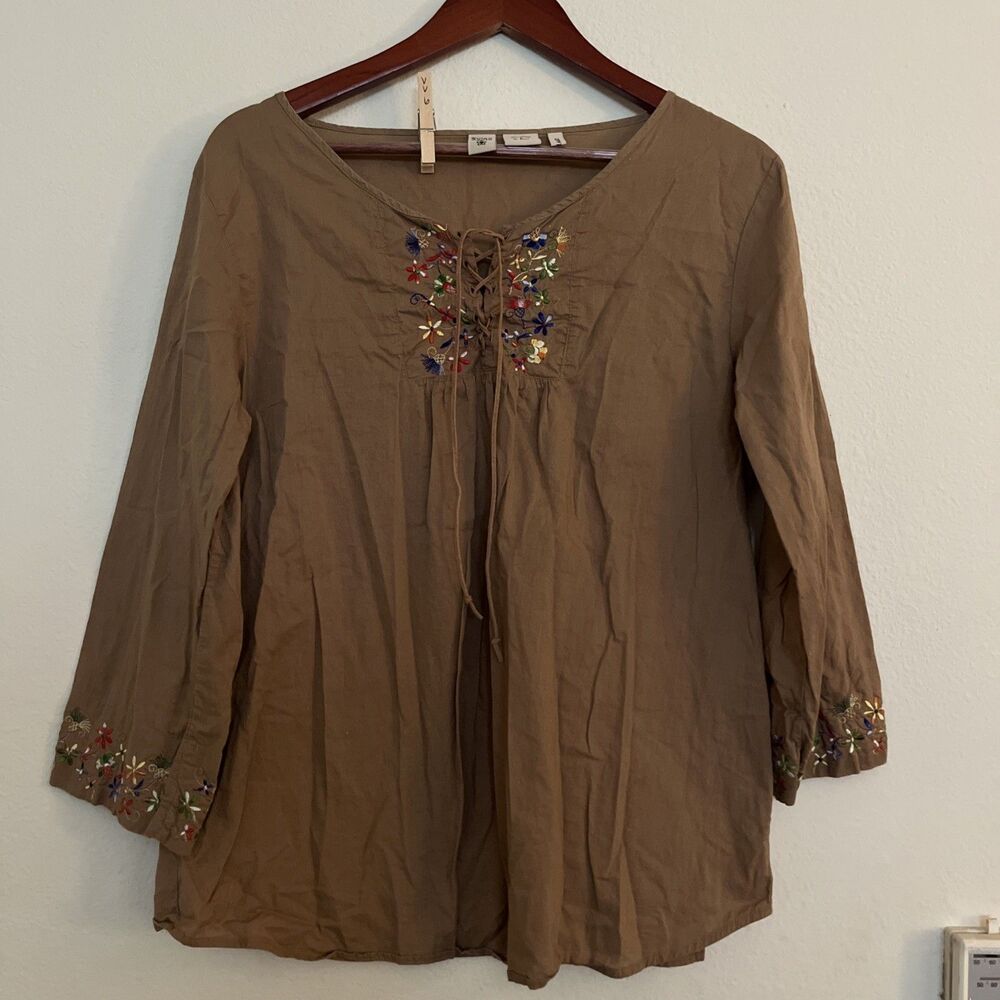 Quizz Again 100% Cotton Embroidered Split V NEck 3/4 Sleeve Popover Peasant SZ L